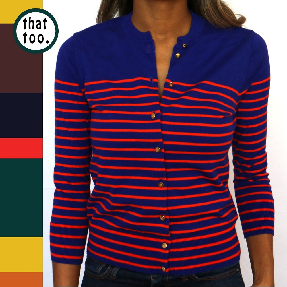 J. Crew Royal blue cardigan with orange stripes